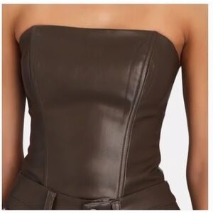 Brown Strapless Faux Leather Corset Top